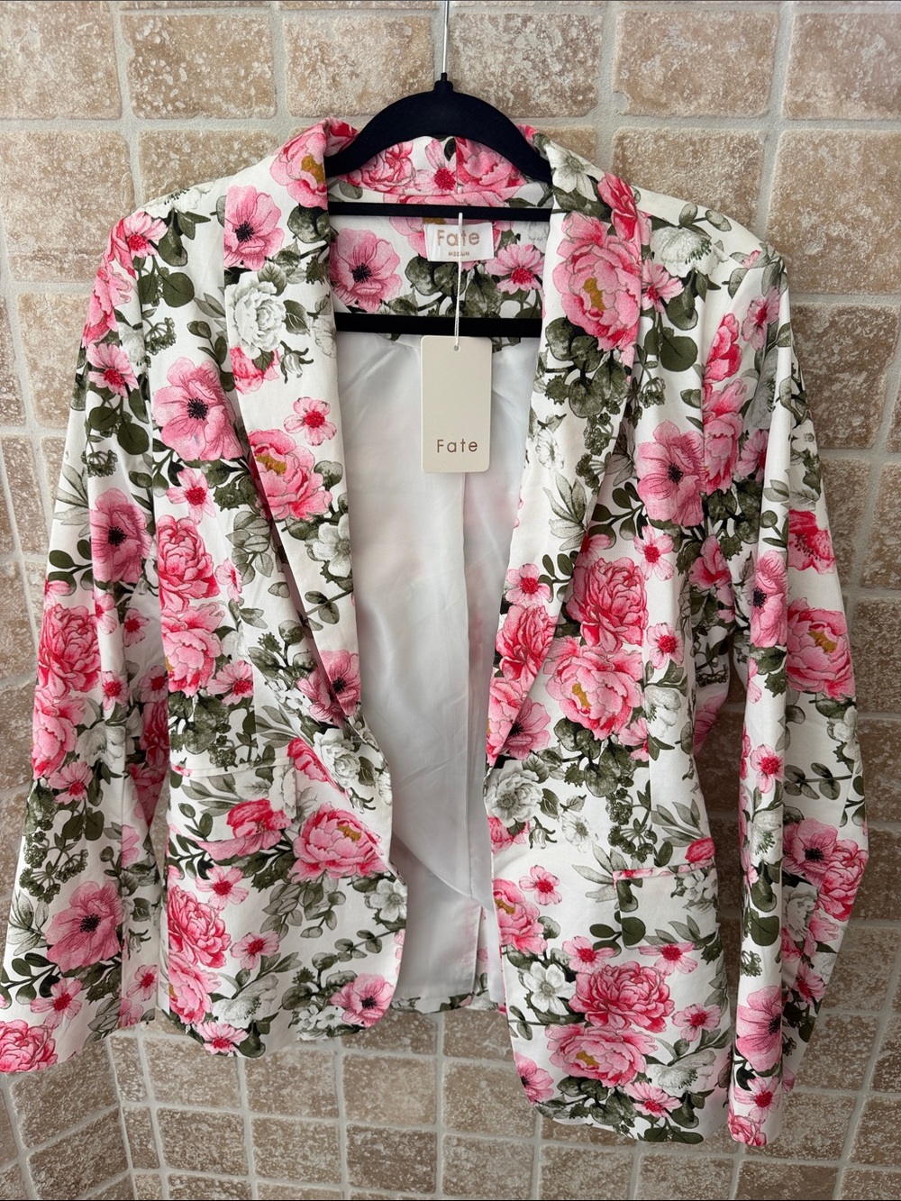 VICI Floral Blazer in White with Pink Roses